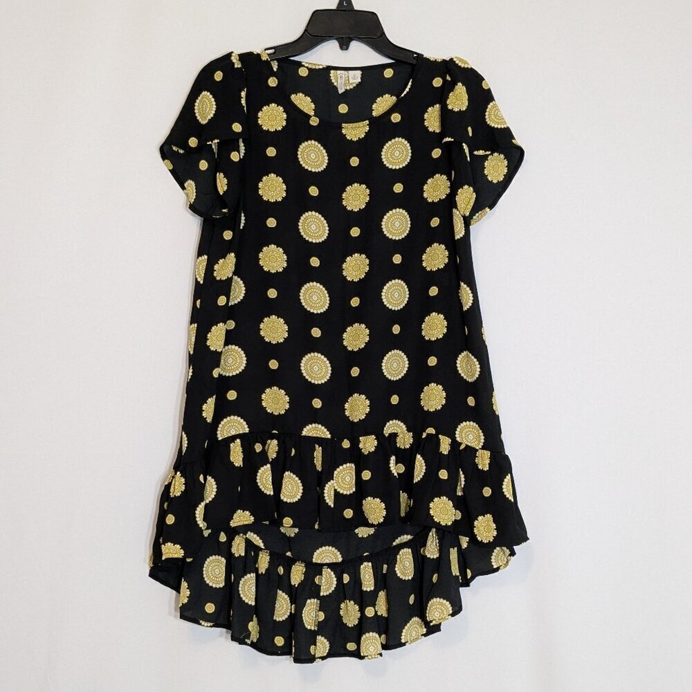 CATO EST 1946 Black/Gold Sheer Chiffon Short Sleeve High-Low Ruffle Top; Size S